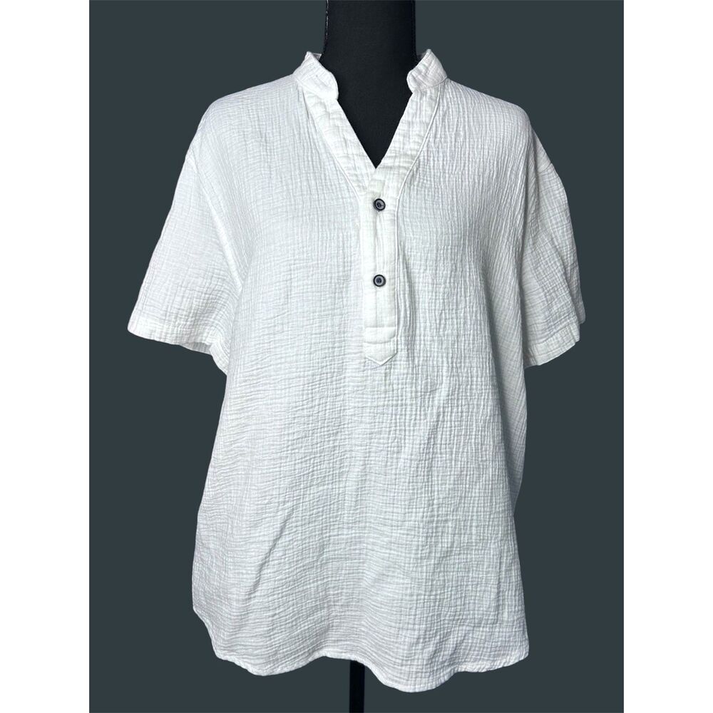 Womens White Gauze Cotton Popover Top - L Neutral Coastal Beach Resort Lagenlook